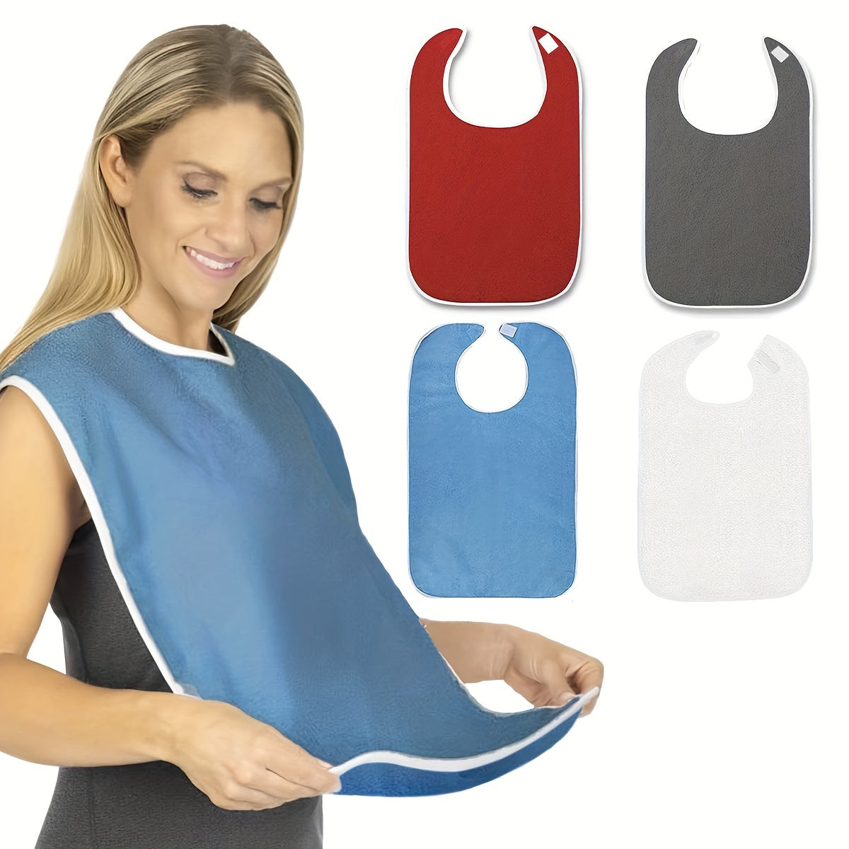 4 Pack Adult Mouth Coverings for Men and Women – Waterproof, Stain-Resistant Adjustable Velvet Bibs for Elderly and Adults, Machine Washable, Light Blue