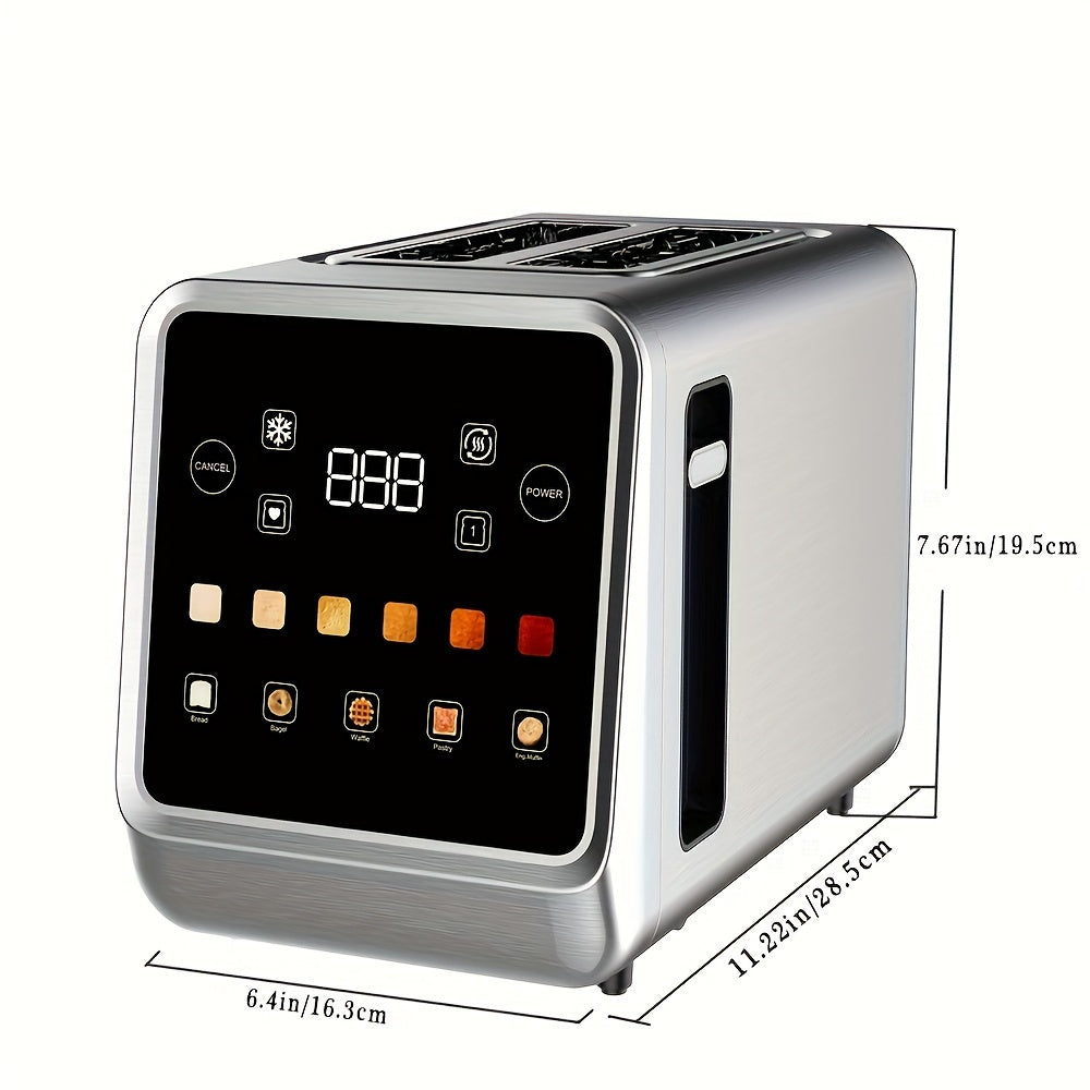 2-Slice Stainless Steel Toaster - Touch Screen Digital Timer, 6 Bread Types and Shade Settings, Bagel, Cancel, Defrost, Memory, 750W-1000W, US Plug
