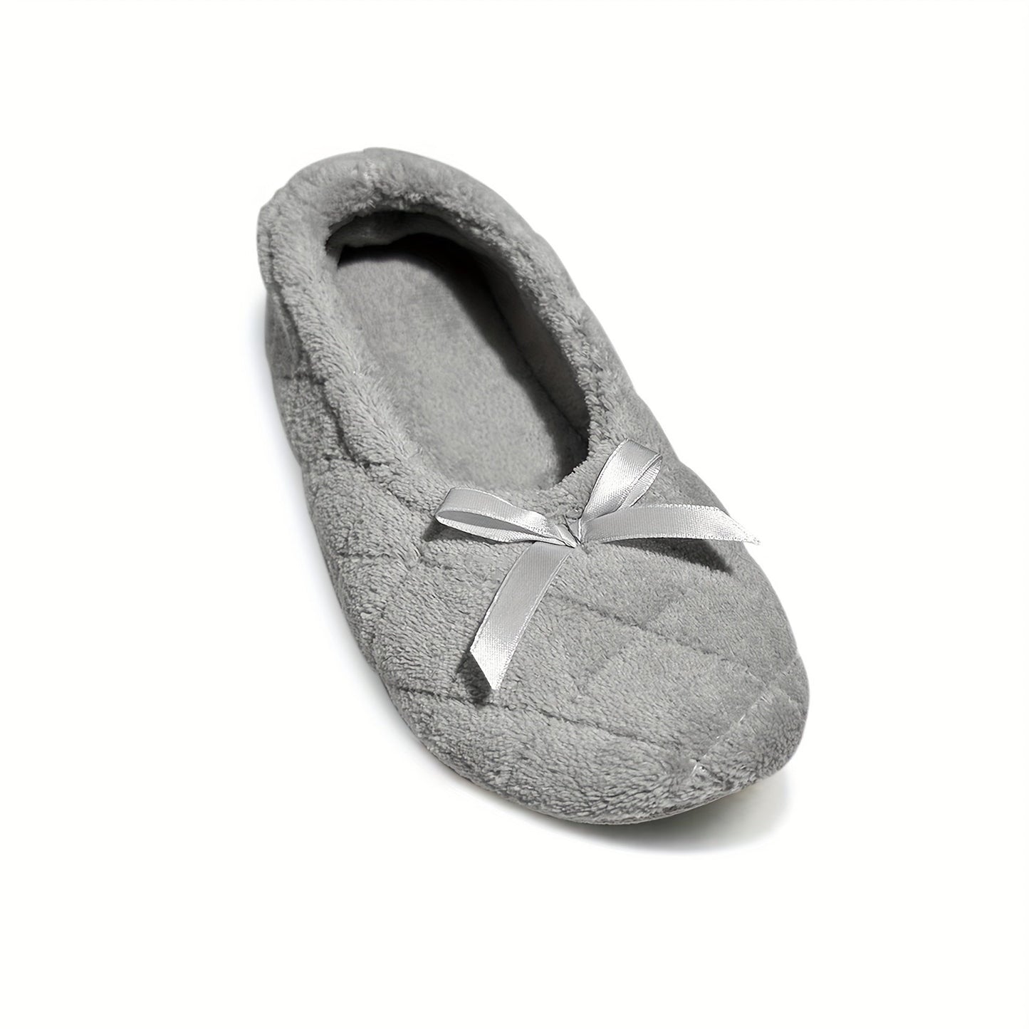 Elegant Women's Ballerina Slippers - Soft Quilted Terrycloth with Satin Bowknot, Lightweight Indoor Shoes in Grey