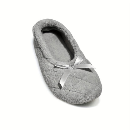 Elegant Women's Ballerina Slippers - Soft Quilted Terrycloth with Satin Bowknot, Lightweight Indoor Shoes in Grey