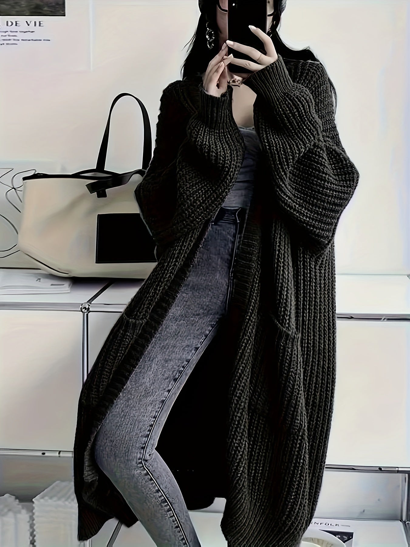 Solid Color Open Front Knitted Cardigan - Casual Long Sleeve Long Length for Spring and Fall Women's Clothing