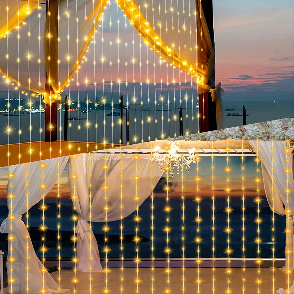 1 Pack LED Solar Curtain String Lights – 100/200/300 Lights, 8 Lighting Modes – Outdoor Decoration for Christmas, Weddings, Patios, Gardens ( Colorful/Warm White/White )