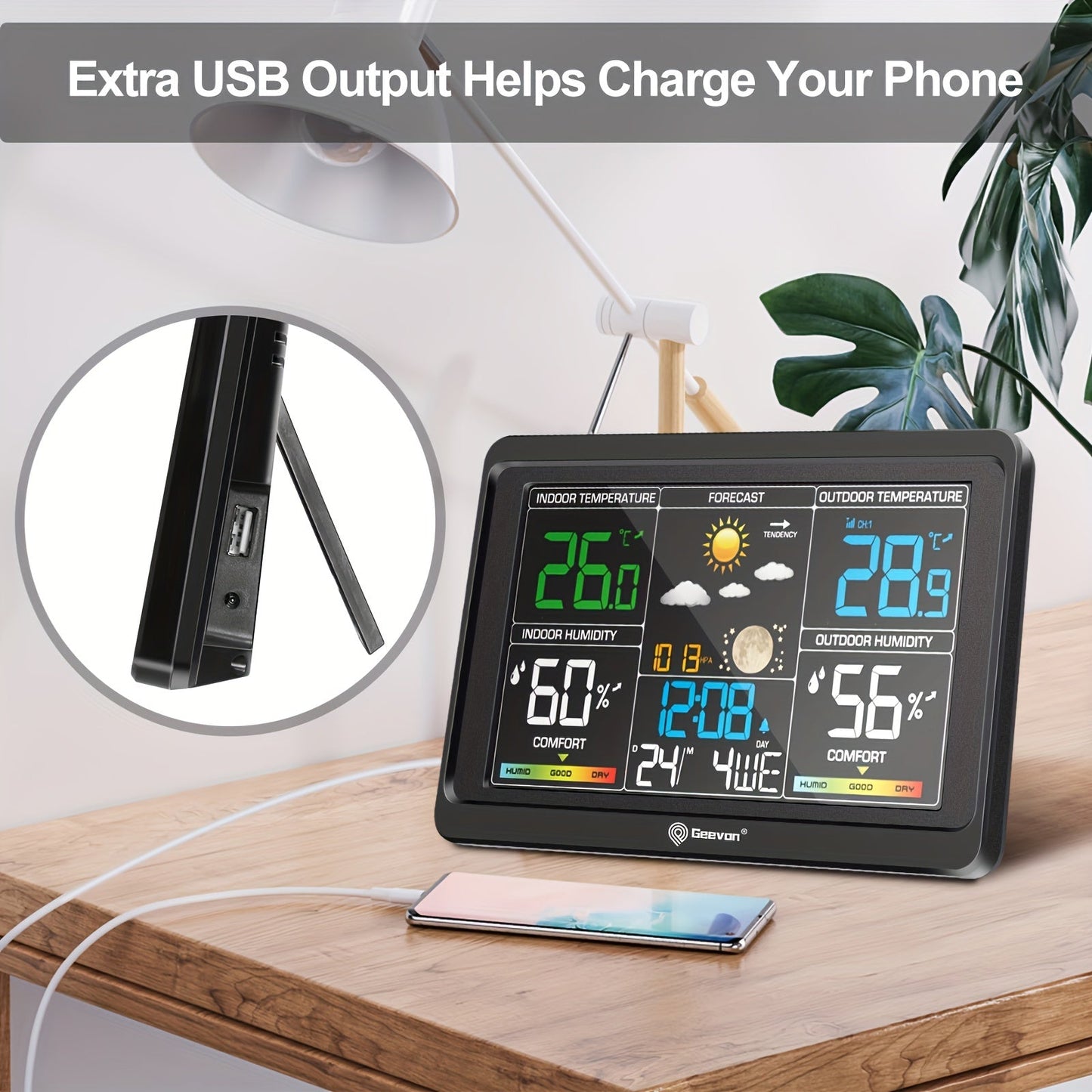 Geevon Wireless Weather Station - Indoor/Outdoor Thermometer with Color Display, Digital Temperature Gauge, Barometer, Calendar, USB Charge, and Adjustable Backlight (Battery Operated)