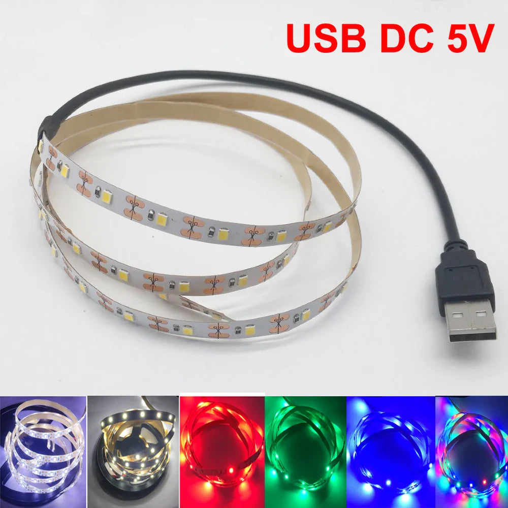 5M USB LED Strip Light – Waterproof 3528 SMD Ribbon in Warm/Cool White, Pink, Green, Blue, Red for Ceiling & Cabinet