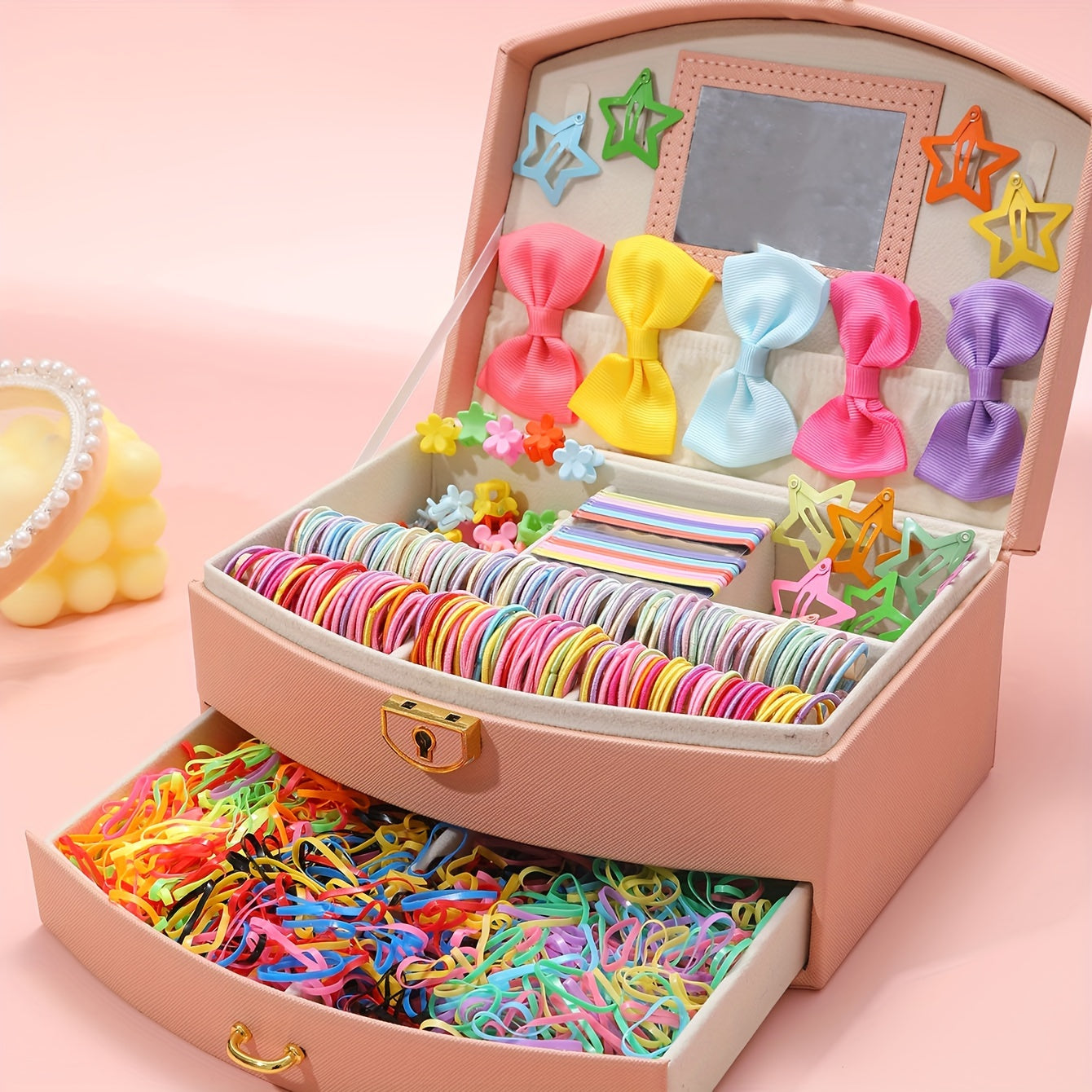 860pcs Dopamine Fashion Hair Accessory Set for Women – Colorful Elastic Bands, Bow & Flower Clips with Stars, Cute Sweet Style, All Seasons