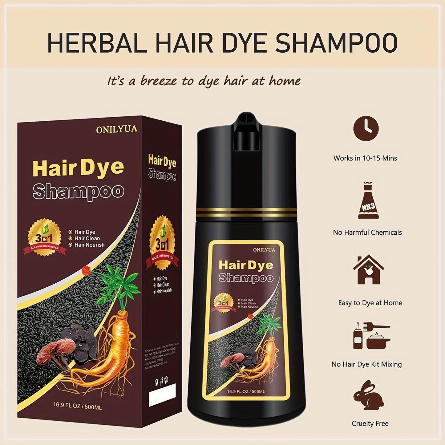 Blonde Brown Hair Dye Shampoo 3 in 1 – Instant Hair Color for Men & Women, Natural Brown Dye, Long-Lasting, Works in Minutes, Perfect for Halloween