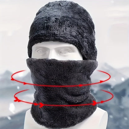 3 Pcs Knit Hat, Neck Warmer and Gloves Set - Thermal Letter Patched Cuff Beanie, Fleece Scarf, and Full Finger Winter Gloves for Men and Women