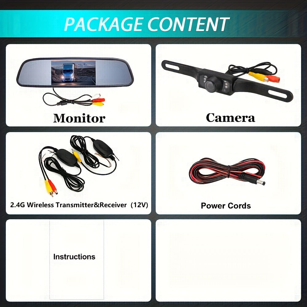 Wireless Backup Camera Kit with 4.3" Monitor – Easy Plug and Play Installation, Super Night Vision for Safe Reversing and Parking