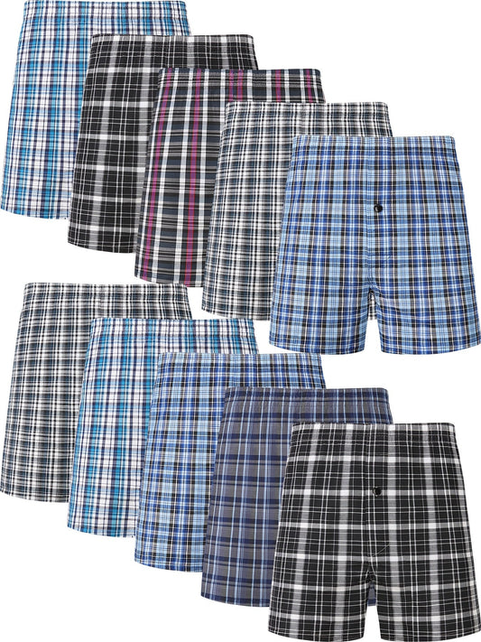 10 Pcs JupiterSecret Men's Loose Fit Cotton Blend Boxer Shorts - Elastic Waistband, Button Fly, Striped Pattern, Non-Stretch Fabric - Casual Wear for Everyday Comfort - Random Style