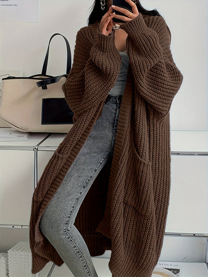 Solid Color Open Front Knitted Cardigan - Casual Long Sleeve Long Length for Spring and Fall Women's Clothing
