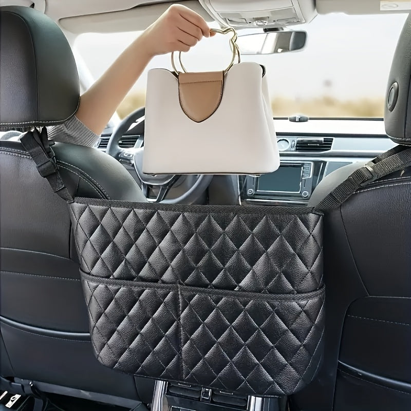 Car Purse Handbag Holder Between Seats – Seat Back Organizer with 3 Pockets and Large Capacity Storage Bag