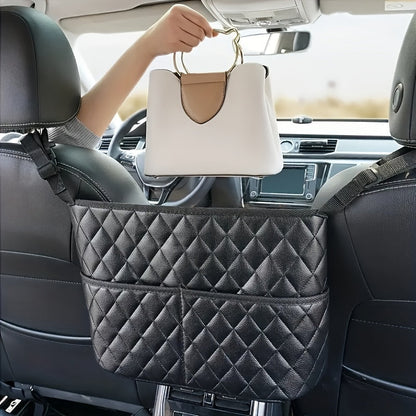 Car Purse Handbag Holder Between Seats – Seat Back Organizer with 3 Pockets and Large Capacity Storage Bag