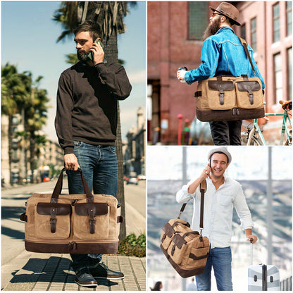 Travel Duffle Bag for Men - Waterproof Canvas Weekender with Wet Pocket, Shoes Compartment, Vintage Carry-On Luggage with Adjustable Strap