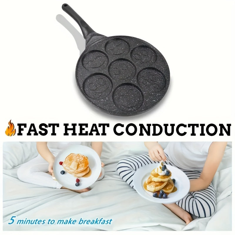 Nonstick Pancake Pan with 7 Happy Face Molds - 7-Cup Blini Maker with Heat-Resistant Handle - Easy-to-Clean Fun Breakfast Pan