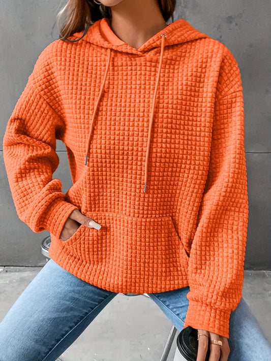 Plus Size Casual Hooded Sweatshirt for Women – Solid Waffle Pattern, Long Sleeve, with Drawstring and Pockets
