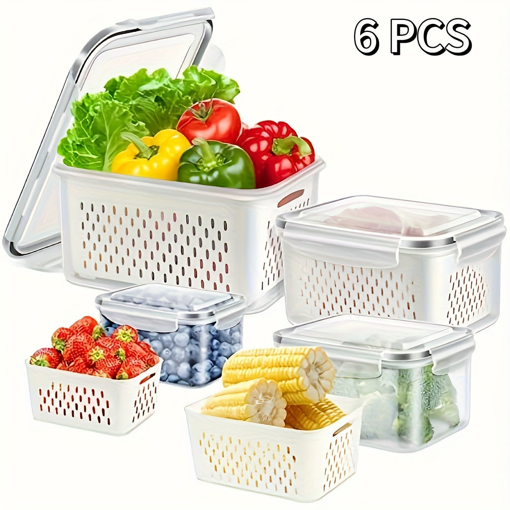6-Piece BPA-Free Transparent Food Storage Containers with Lids & Drain Tray – Versatile Kitchen Organizers for Fruits, Vegetables, & Dry Goods