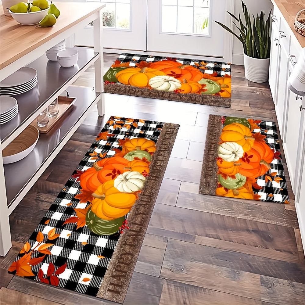 Autumn Pumpkin Print Floor Mat – Thanksgiving Harvest Carpet with Maple Leaf Grid, Anti-Fatigue, Anti-Skid and Washable for Kitchen, Dining Room, Office and Laundry Room