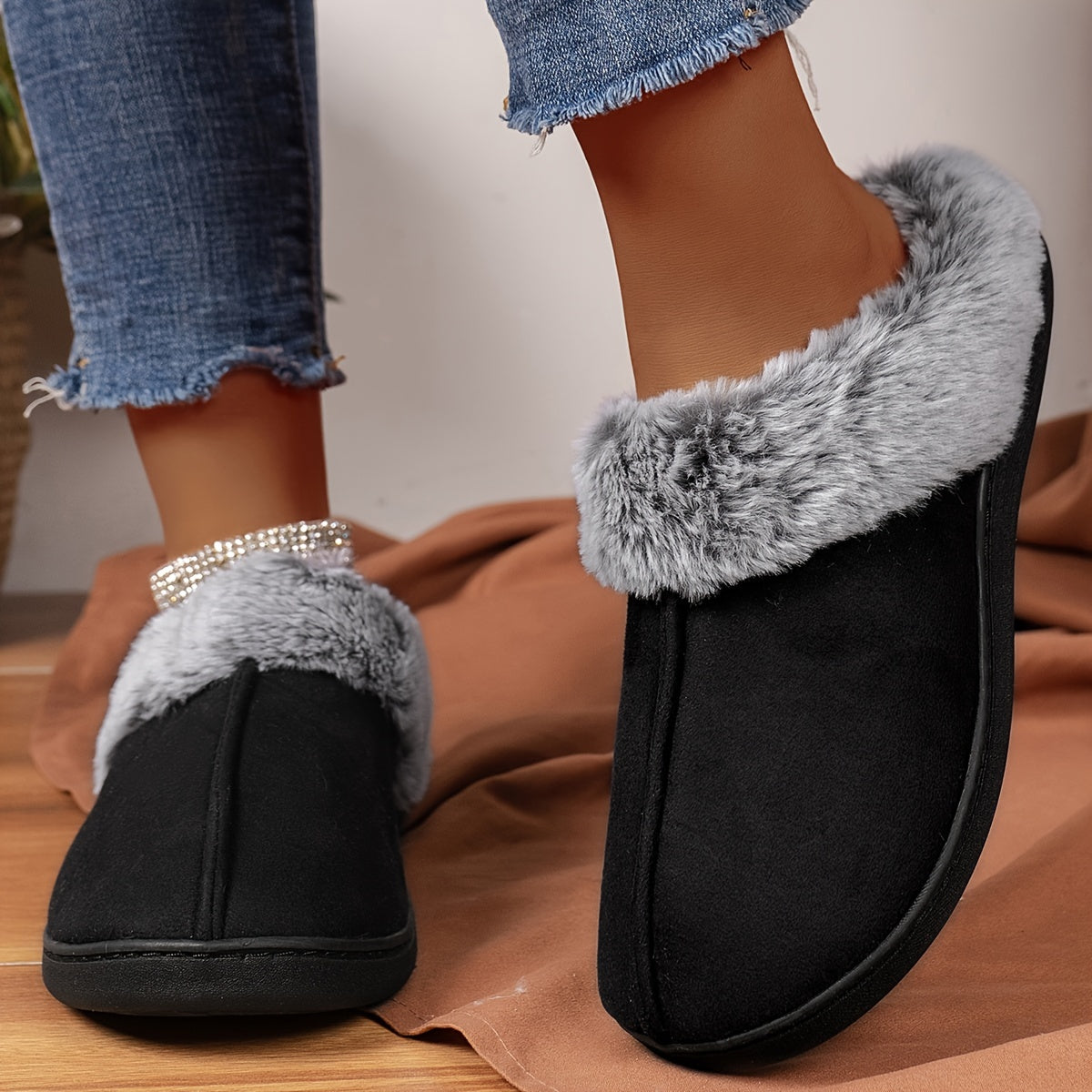 Fluffy Solid Color Cozy Slippers - Soft Sole Flat Closed Toe Plush Lined Winter Non-Slip Home Warm Shoes