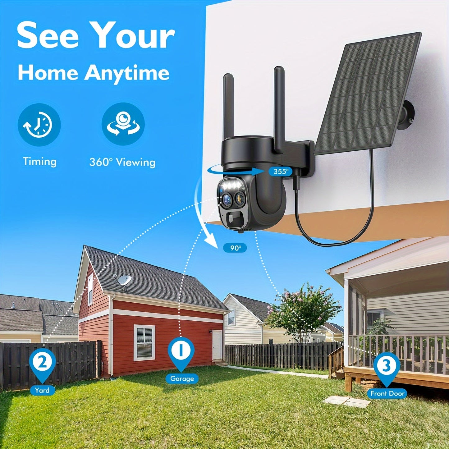 Hawkray [10x Zoom] 360° Low-Power CCTV WiFi Camera with Solar Panel Battery – 2K FHD, Spotlight Alarm, Motion Detection, Color Night Vision, Two-Way Audio, IP66 Waterproof