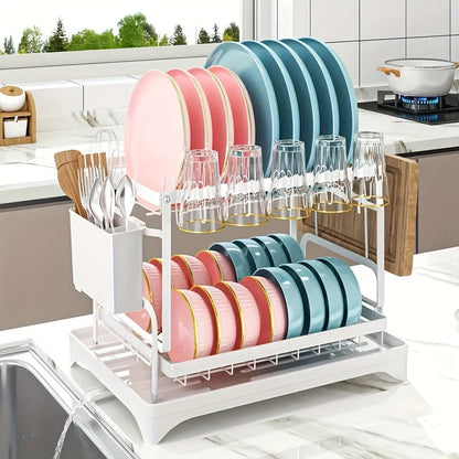 2 Tier Rustproof Metal Dish Rack with Drainboard and Utensil Holder – Space-Saving Kitchen Countertop Organizer for Dishes and Utensils, Easy to Clean