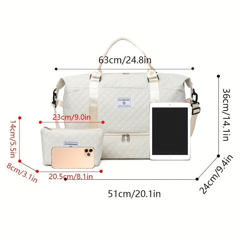 Large Capacity Travel Duffel Bag with Shoe Compartment - Nylon Gym Bag with Cosmetic Pouch, Pull-Out Cover, Hand Washable - Ideal for Weekend and Overnight Trips, Random Print