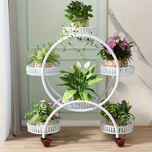 Multilayer Iron Art Flower Rack with Wheels - Floor Standing Indoor Shelves for Green Pots, Household Living Room and Balcony Flower Organizer