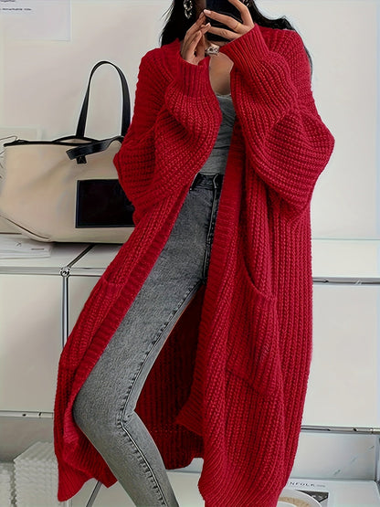 Solid Color Open Front Knitted Cardigan - Casual Long Sleeve Long Length for Spring and Fall Women's Clothing