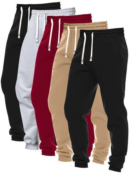 5pcs Men's Solid Color Sweatpants Set: Regular Fit, Cuffed with Drawstring & Pockets, Casual Trousers for Jogging & Outdoor Sports