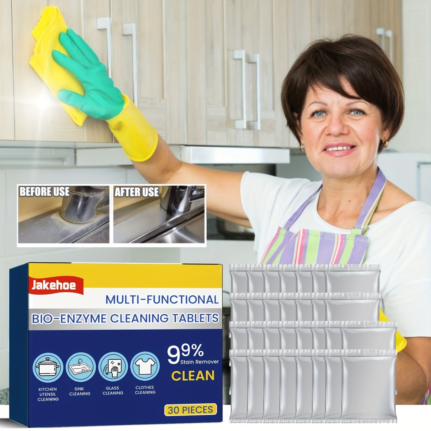 30pcs Multi-Purpose Cleaning Tabs - Stainless Steel Rust Remover & Stain Cleaner for Bathroom, Kitchen, and Restaurant