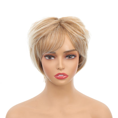 Ladies' Short Pixie Cut Wig - Blonde Straight Hair, Rose Net Cap, Synthetic Fiber, Suitable for All Ethnicities