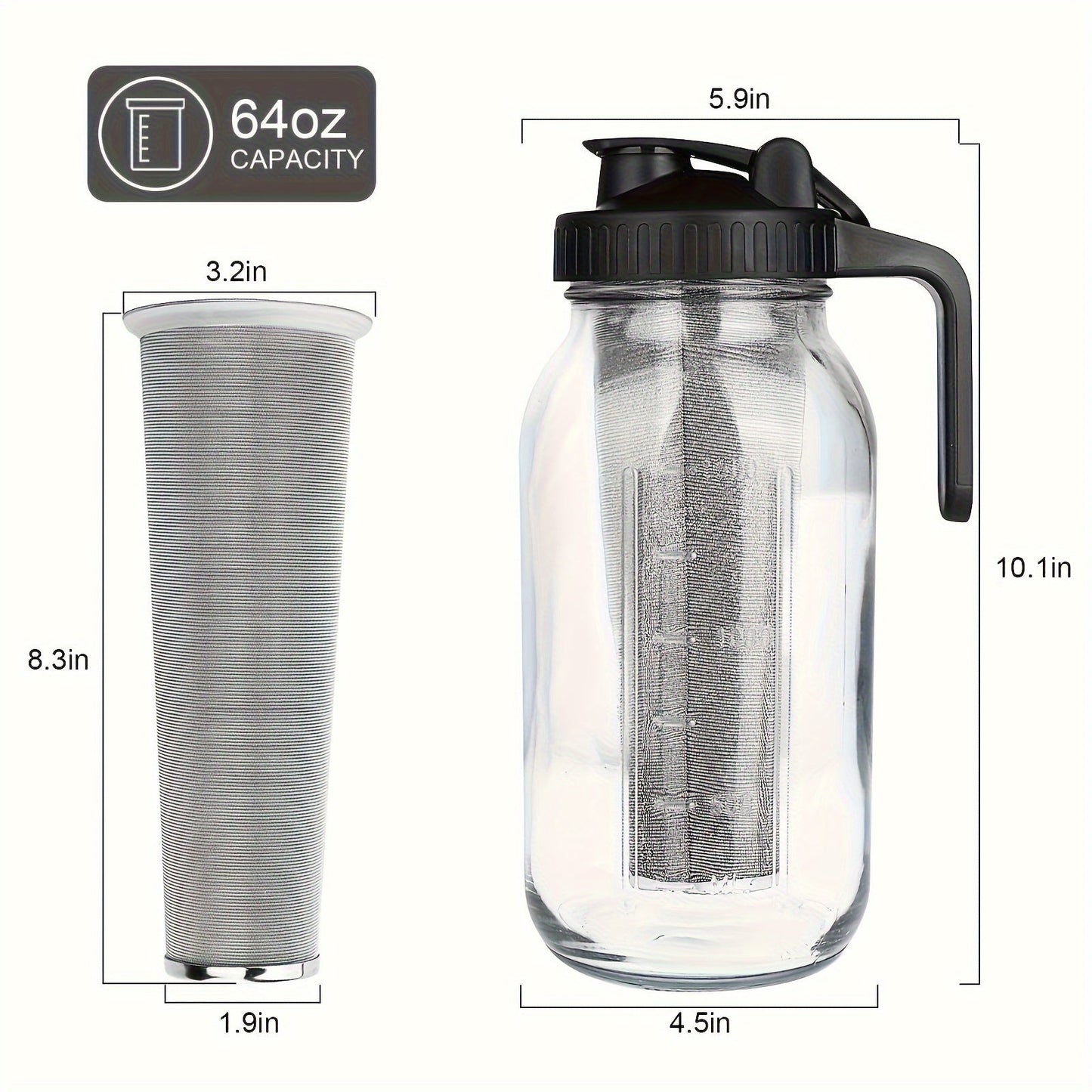 64oz Large Capacity Cold Brew Coffee Maker – Ultra-Dense Filter, 3-Step Brewing, BPA-Free Mason Jar, Includes Cleaning Brush – Effortless Iced Coffee