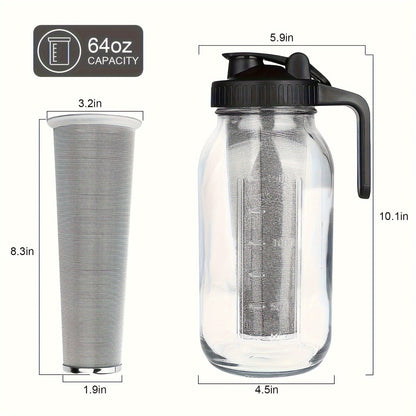 64oz Large Capacity Cold Brew Coffee Maker – Ultra-Dense Filter, 3-Step Brewing, BPA-Free Mason Jar, Includes Cleaning Brush – Effortless Iced Coffee
