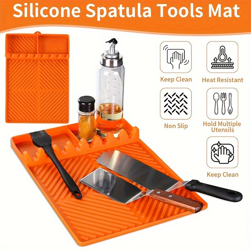 Grill Mat Side Shelf for Blackstone - Silicone Grill Pad, Large Spatula Mat with Drip Pad, BBQ Caddy and Utensil Holder, Outdoor Grill and Kitchen Counter Accessory