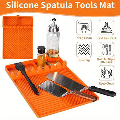 Grill Mat Side Shelf for Blackstone - Silicone Grill Pad, Large Spatula Mat with Drip Pad, BBQ Caddy and Utensil Holder, Outdoor Grill and Kitchen Counter Accessory