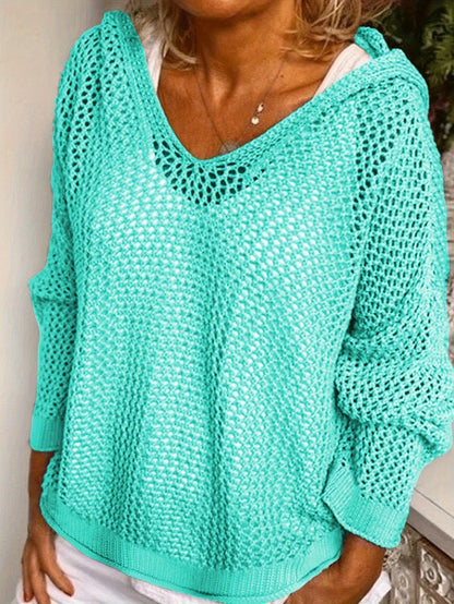 Solid Color Hooded Pullover Sweater – Casual Long Sleeve Cut-Out Knitted Sweater for Spring and Summer – Women's Clothing