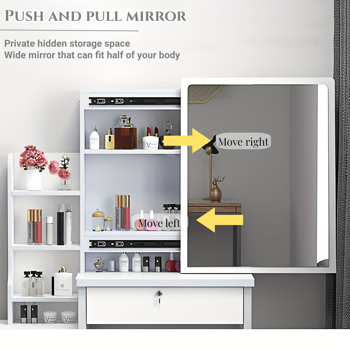 White Dressing Table with Sliding Mirror and Stool - 4 Drawers, High-End Bedroom Cabinet, Integrated Design for Small Apartments