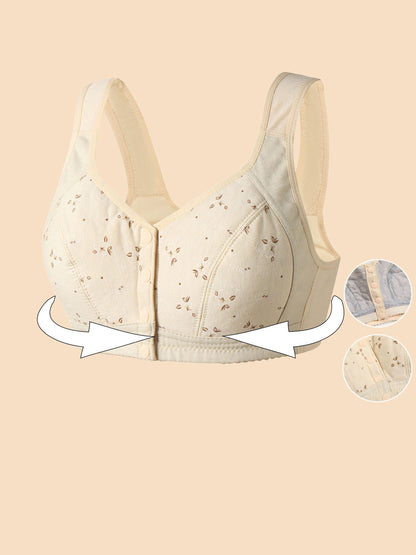Plus Size Women's Elegant Romance Bra – Wireless, Non-Padded, Front Button Closure – Slight Stretch, Random Floral Print – Comfortable, Breathable Polyester Knit Fabric