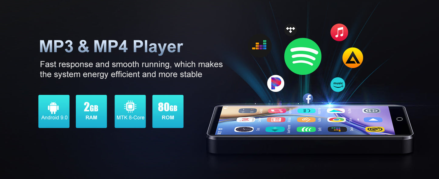 80GB Android 9.0 MP3 Player - Bluetooth, WiFi, 4.0-Inch Touchscreen, Speakers, FM Radio, eBooks, Expandable Up to 512GB