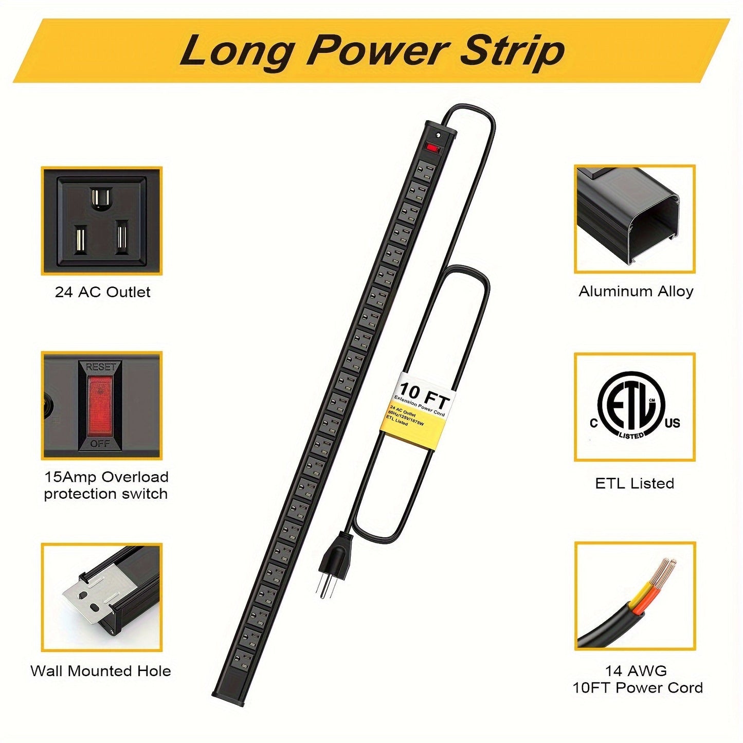 24 Outlet Heavy Duty Metal Power Strip - 10 Ft Extension Cord, Wall Mountable, Surge Protected, Space-Saving Design for Industrial, Commercial, and Home Use