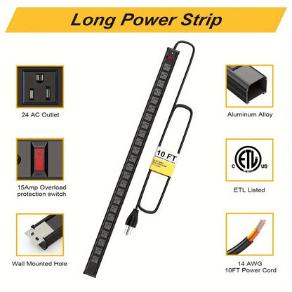 24 Outlet Heavy Duty Metal Power Strip - 10 Ft Extension Cord, Wall Mountable, Surge Protected, Space-Saving Design for Industrial, Commercial, and Home Use