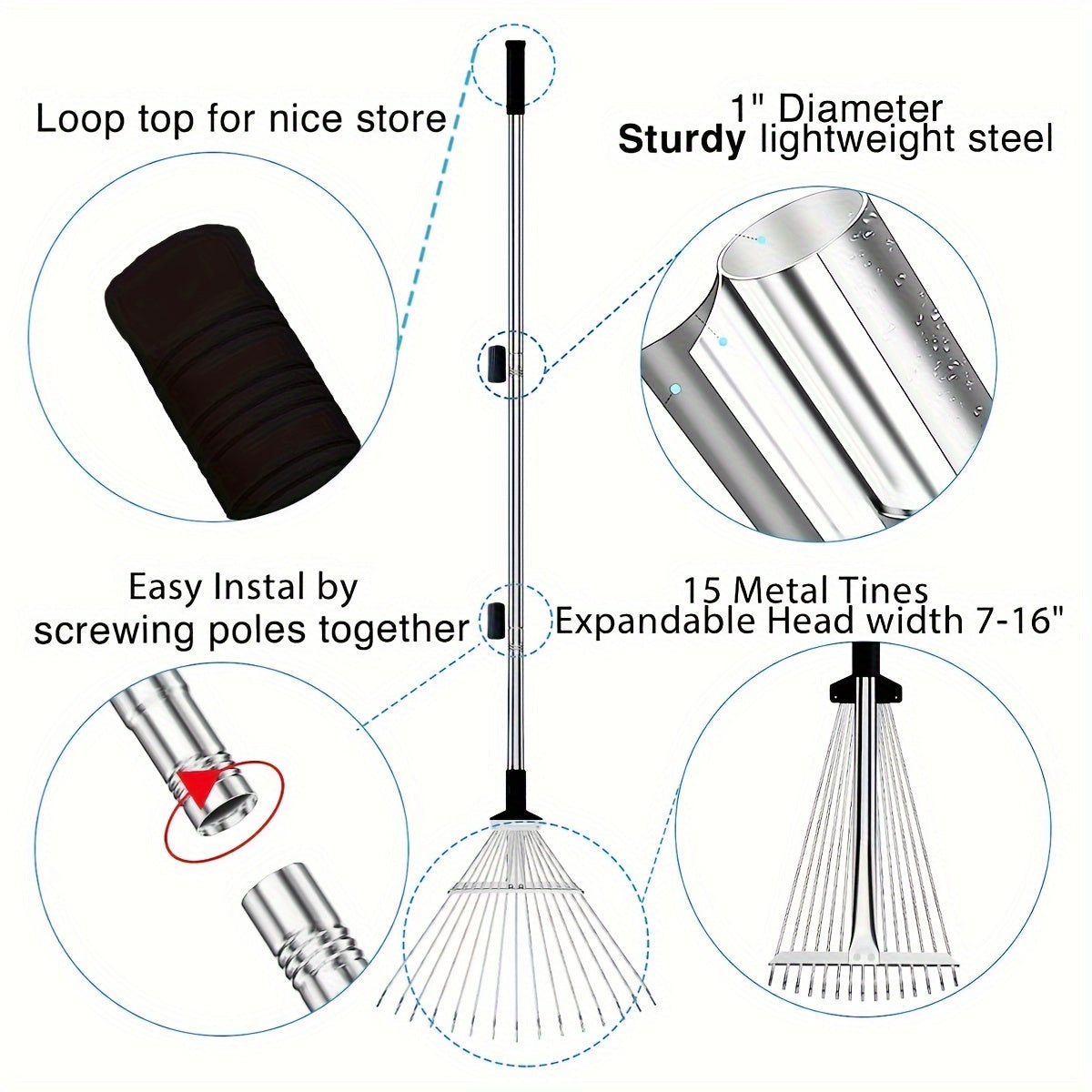 Adjustable Metal Leaf Rake with Long Handle - Heavy-Duty Garden Rake for Lawns, Expandable Head for Leaves, Perfect for Women, Kids, Gardening, and RV Camping