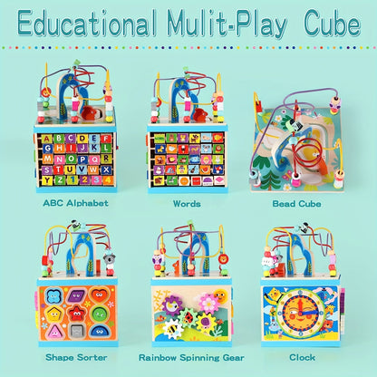 Wooden Activity Cube 5 in 1 - Educational Learning Toys for Toddlers Age 1-2, Includes ABC-123 Abacus, Bead Maze and Shape Sorter for Boys and Girls