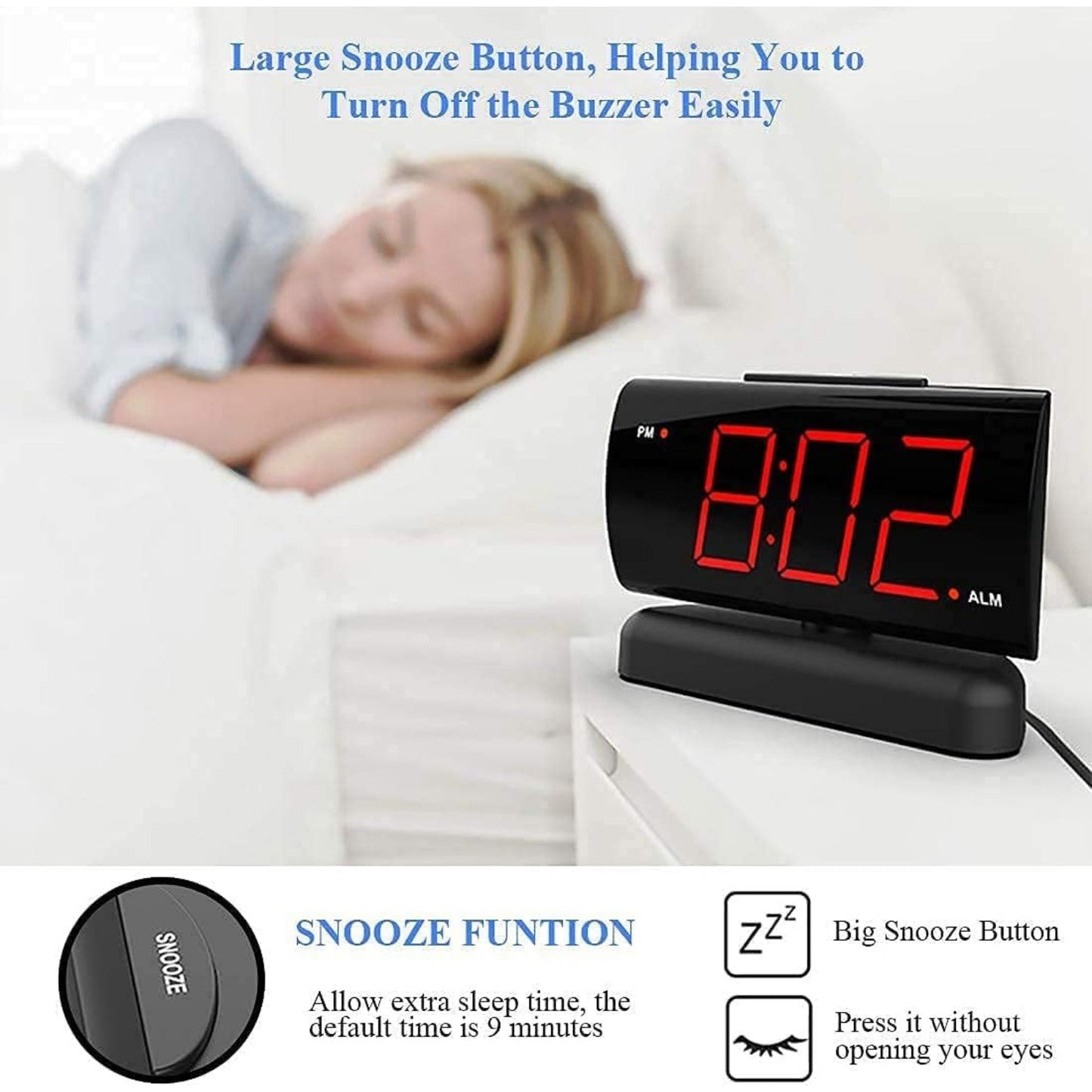 Big Digit Alarm Clock with Swivel Base – 2-Level Alarm Sound & Brightness, 12H Format, Outlet Powered Bedside Clock (B-Red)