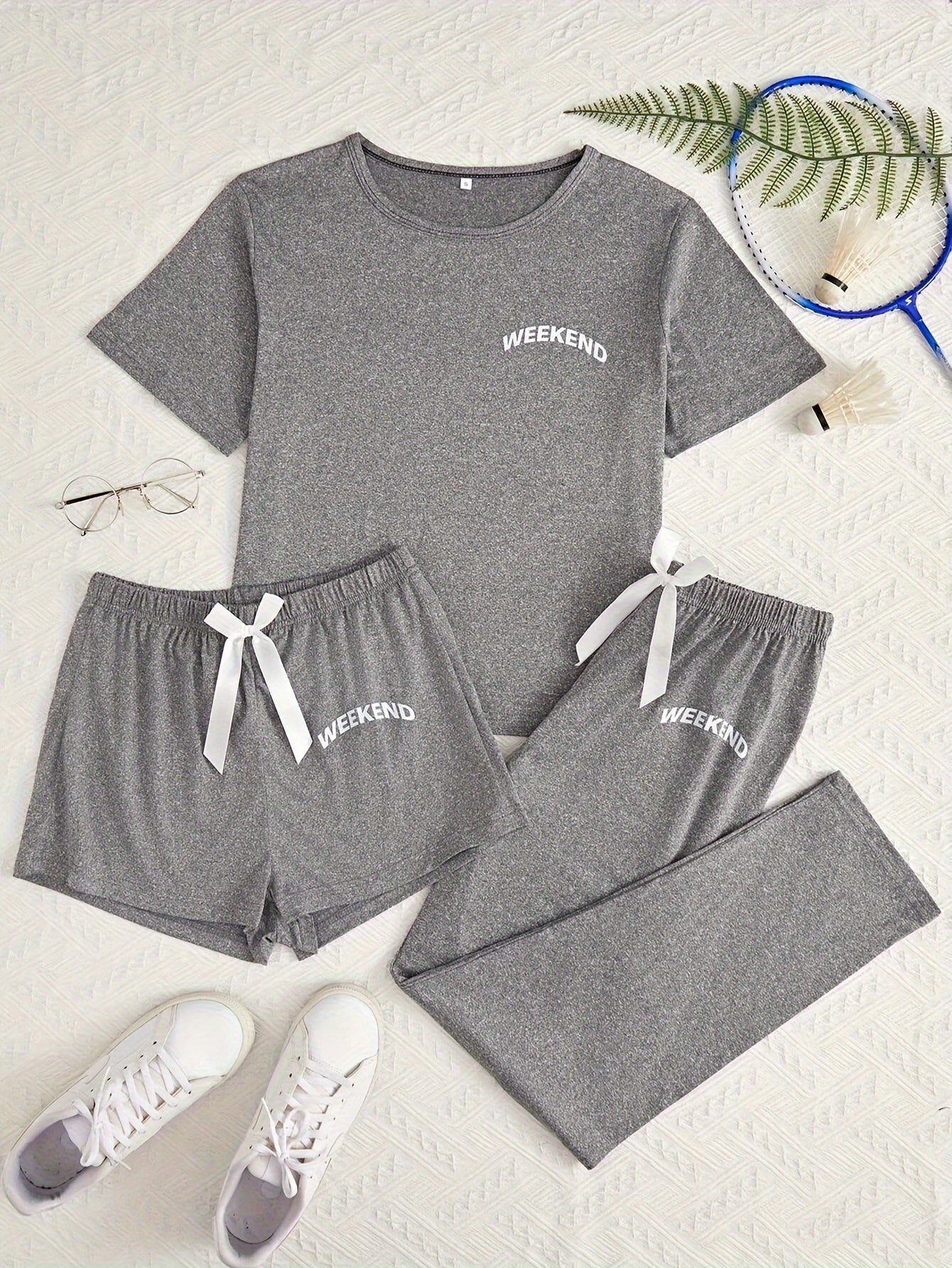 Women's 3-Piece Pajama Set – Simple Short Sleeve Sleepwear with 'WEEKEND' Print, Comfy Casual Loungewear