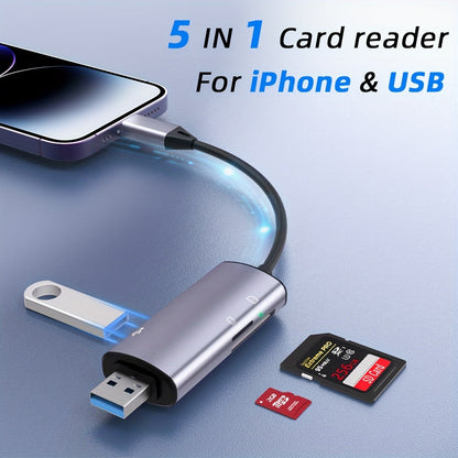 5 in 1 SD Card Reader for iPhone/iPad – USB 3.0 Hub Adapter with Dual Card Slots for SD and TF/Micro SD/SDXC/SDHC/MMC/RS-MMC/UHS-I