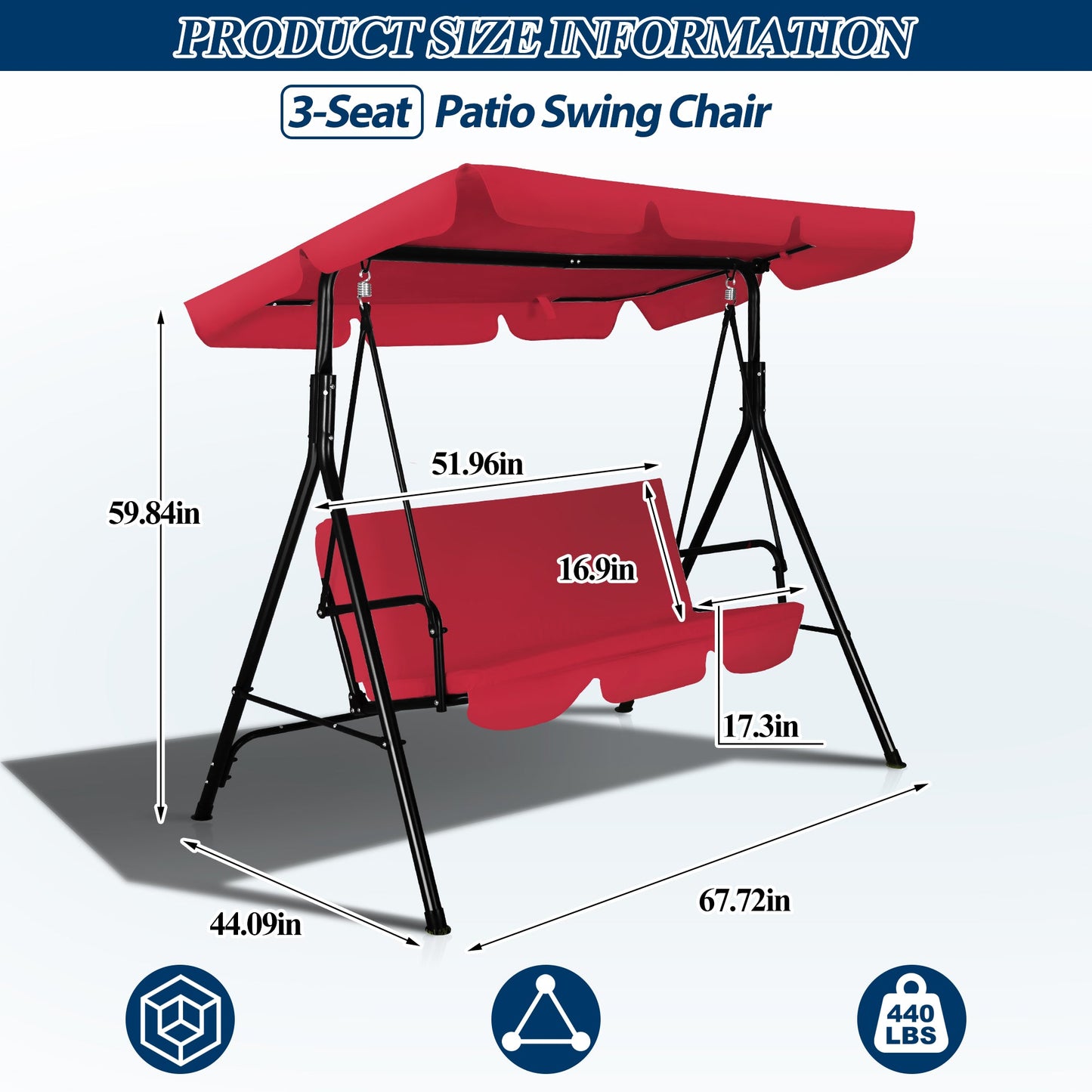 COVERONICS 3-Seat Outdoor Porch Swing – Patio Swing Chair with Adjustable Canopy, Durable Metal Frame, and Removable Cushions – Ideal for Backyard, Terrace, Lawn