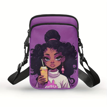 Chic African Girl Print Crossbody Bag - Trendy, Lightweight Double Layer with Adjustable Strap and Zip Closure for Daily Use
