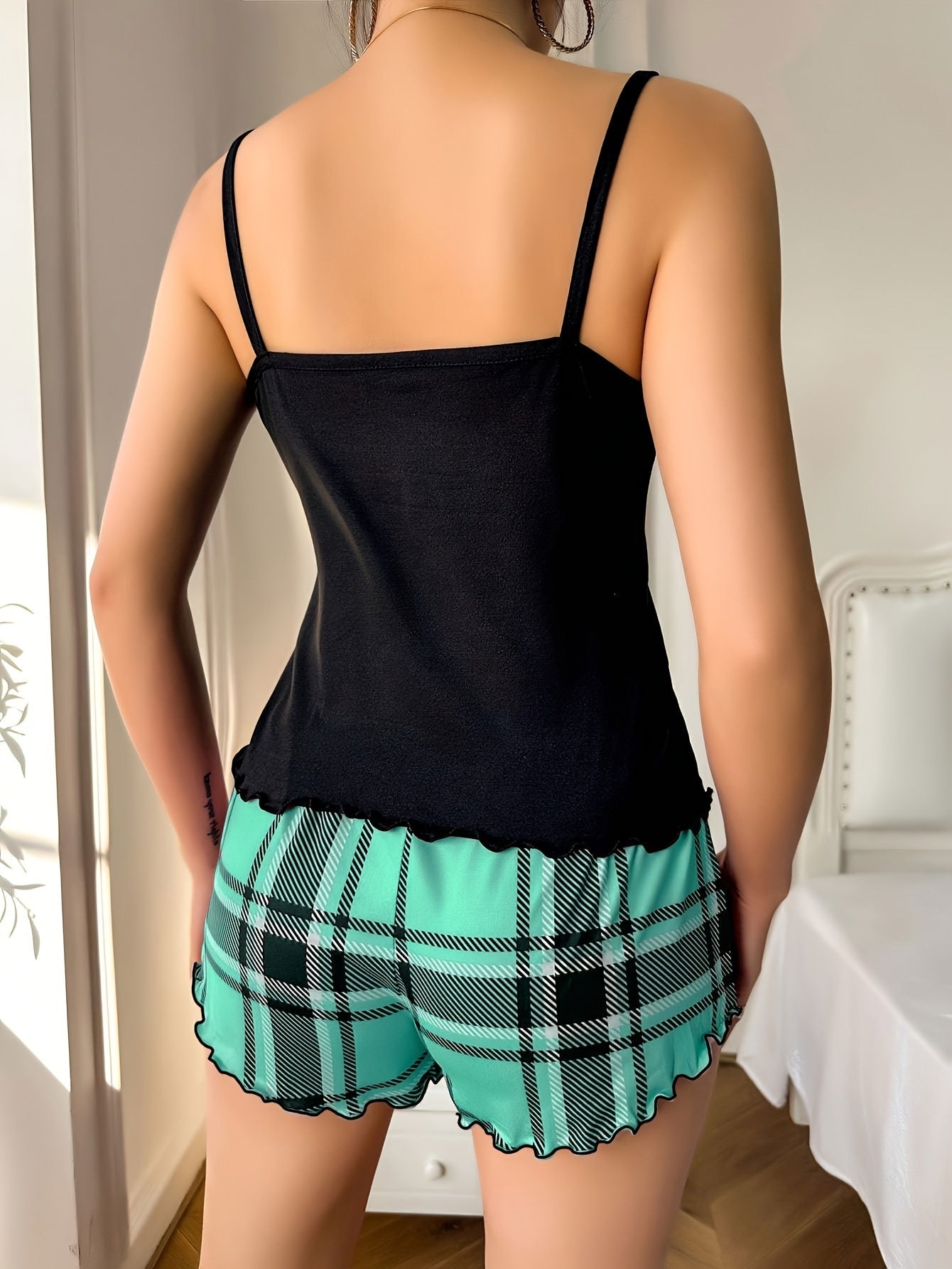 Women's Plaid Heart Print Pajama Set – Frill Trim Cami Top & Shorts – Round Neck Backless – Comfortable Relaxed Fit for Summer Nightwear