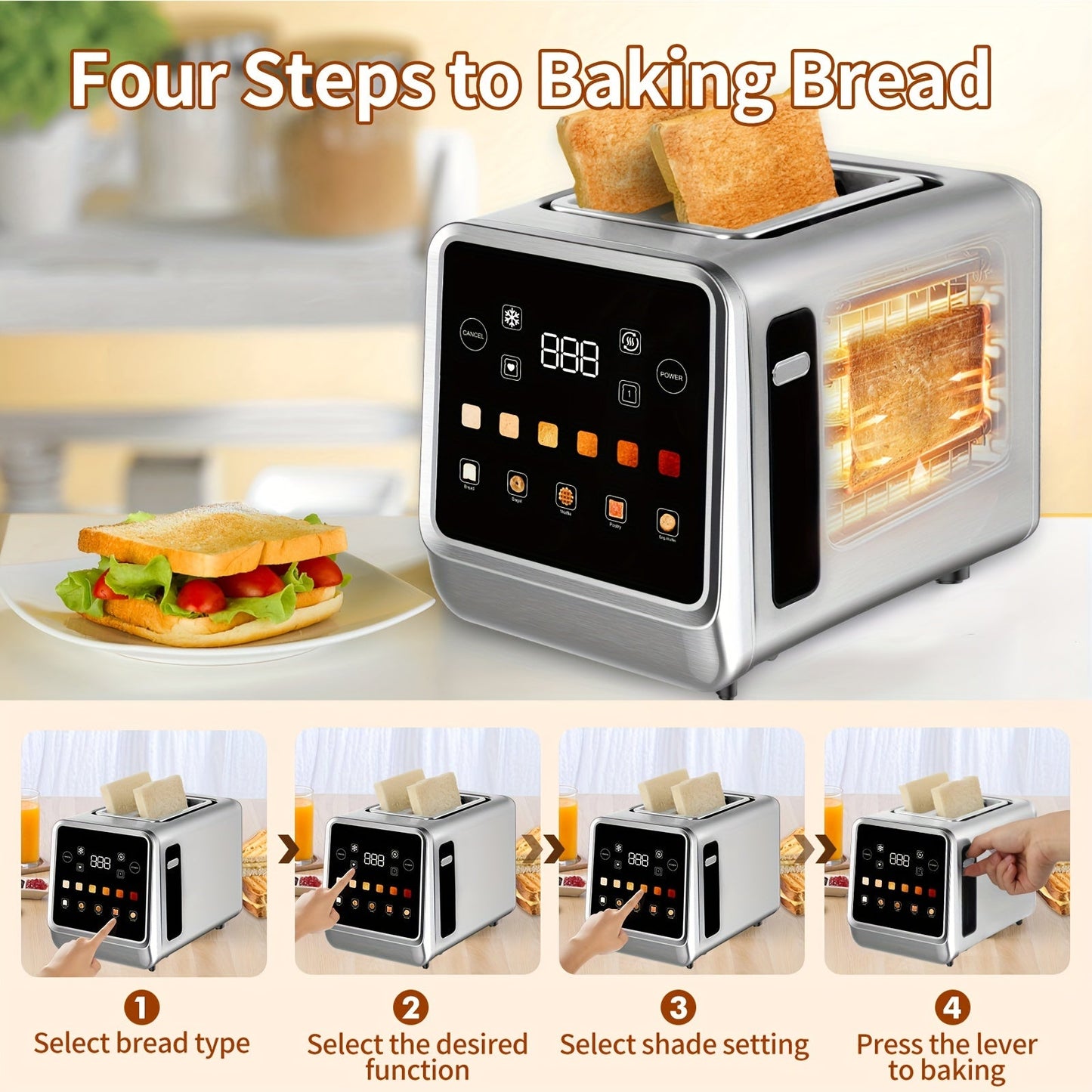 2-Slice Stainless Steel Toaster - Touch Screen Digital Timer, 6 Bread Types and Shade Settings, Bagel, Cancel, Defrost, Memory, 750W-1000W, US Plug