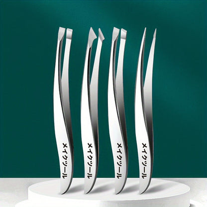 Japanese Banana Tweezer Set - 4-Piece Stainless Steel Precision Tweezers for Eyelash, Eyebrow, and Ingrown Hair Removal